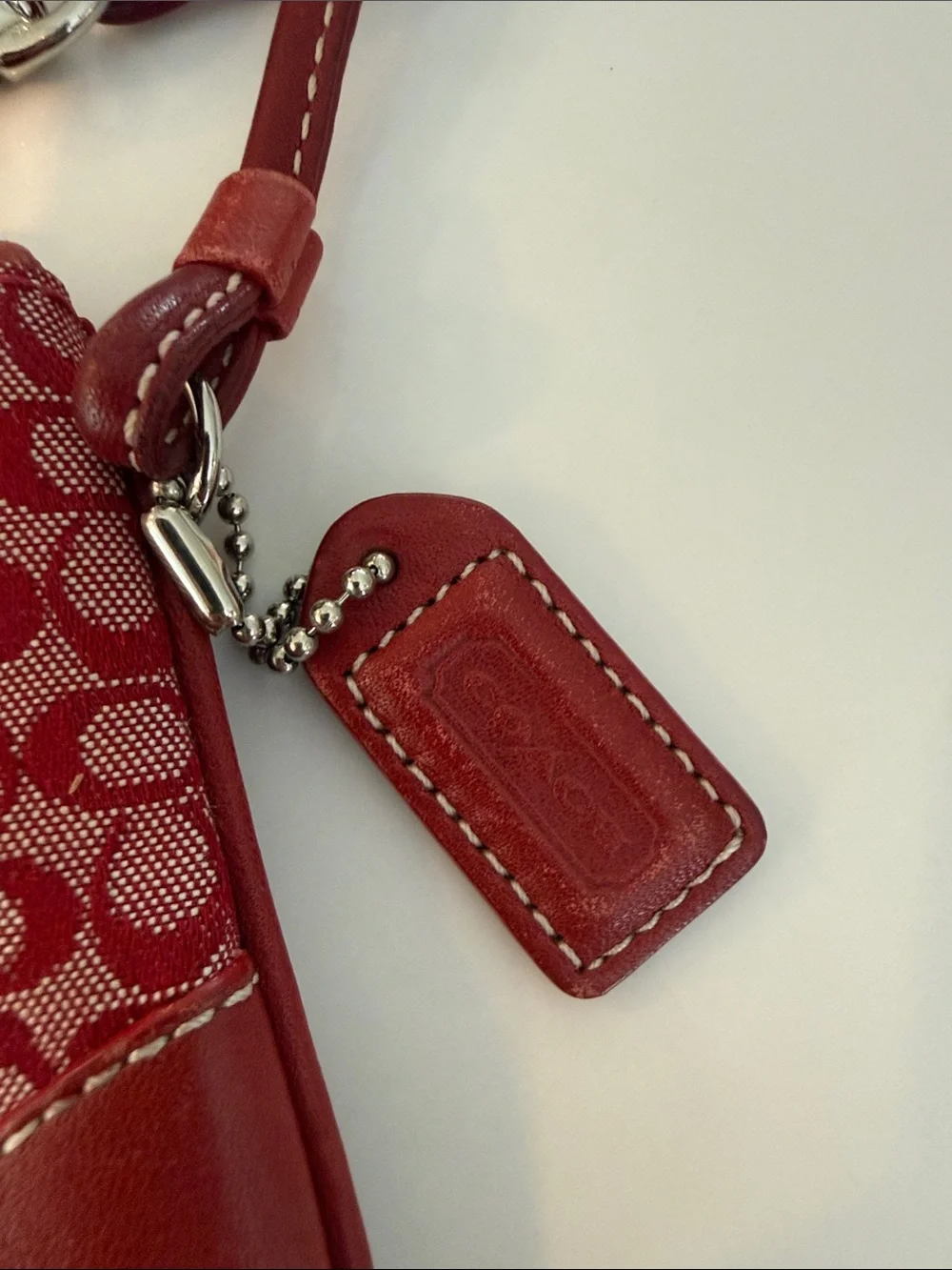 Coach Red Signature Jacquard Wristlet with Leather Trim and Strap